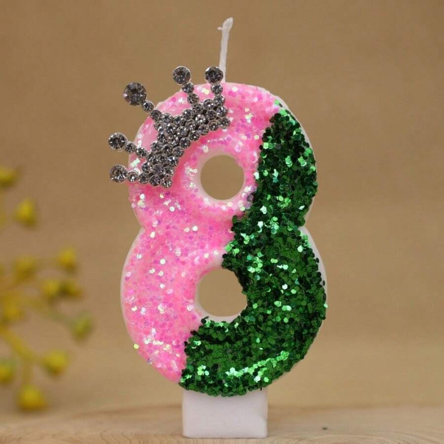 1入 粉綠撞色皇冠水鑽數字生日蠟燭，閃亮蛋糕裝飾，適用於派對、節日、一周歲慶祝，創意手工數字蠟燭