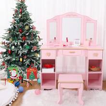 Kids Vanity Set,Kids Vanity Table And Chair Set,Wood Makeup Vanity Desk With Tri-Folding Mirror And Stool,Children Makeup Dressing Table With 3 Drawers,4 Storage Shelves & Accessories For Girls - Pink - View 8