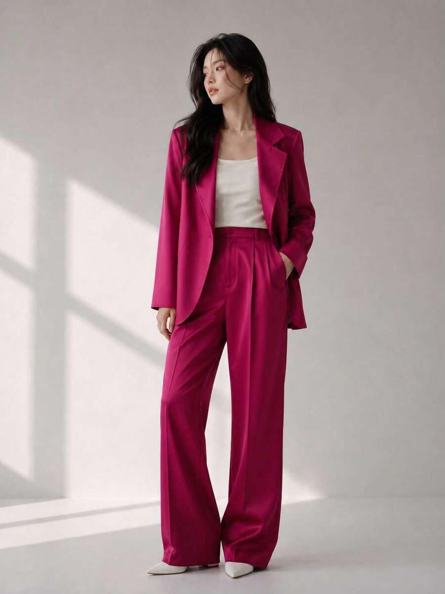 Women's Tailored Blazer, Elegant, Loose Fit, Casual, Long Sleeve, For Work And Everyday Wear - 酒紅色 - 查看 1