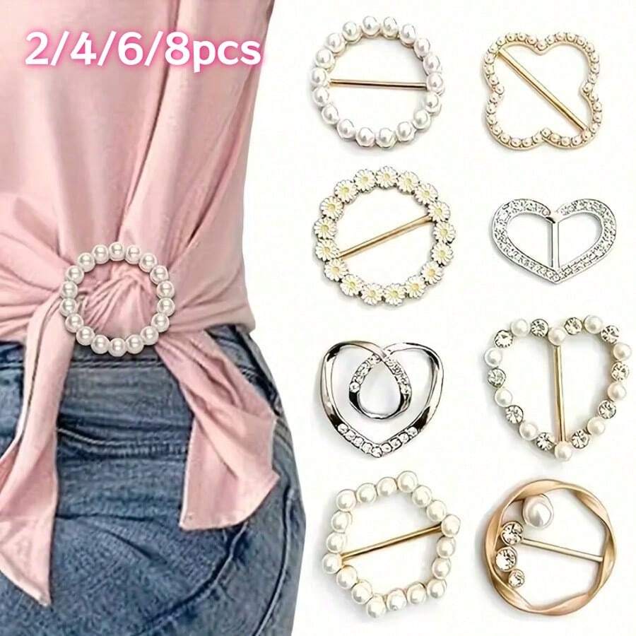 2/4/6/8 pezzi Fermagli per sciarpa eleganti con cristalli e perle per donna, disponibili in forme rotonde, a cuore e quadrifogli, stili assortiti casuali, versatili per camicia, orlo di maglietta, sciarpa, scialle