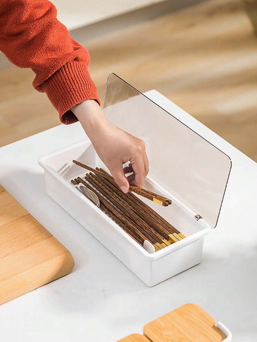 2pcs Home Dust-Proof Covered Cutlery Storage Box, Kitchen Multi-Functional Spoon Fork Cutlery Integrated Storage Rack - View 1