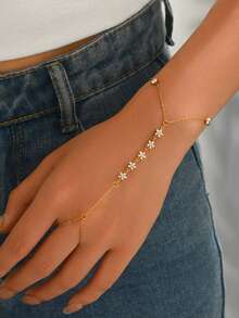 LIEBEIRIS 1pc 18K Gold Plated Zirconia Small Flower Stainless Steel Hand Chain Bracelet For Women, Suitable For Daily Wear And Gift Giving - Yellow Gold - View 1