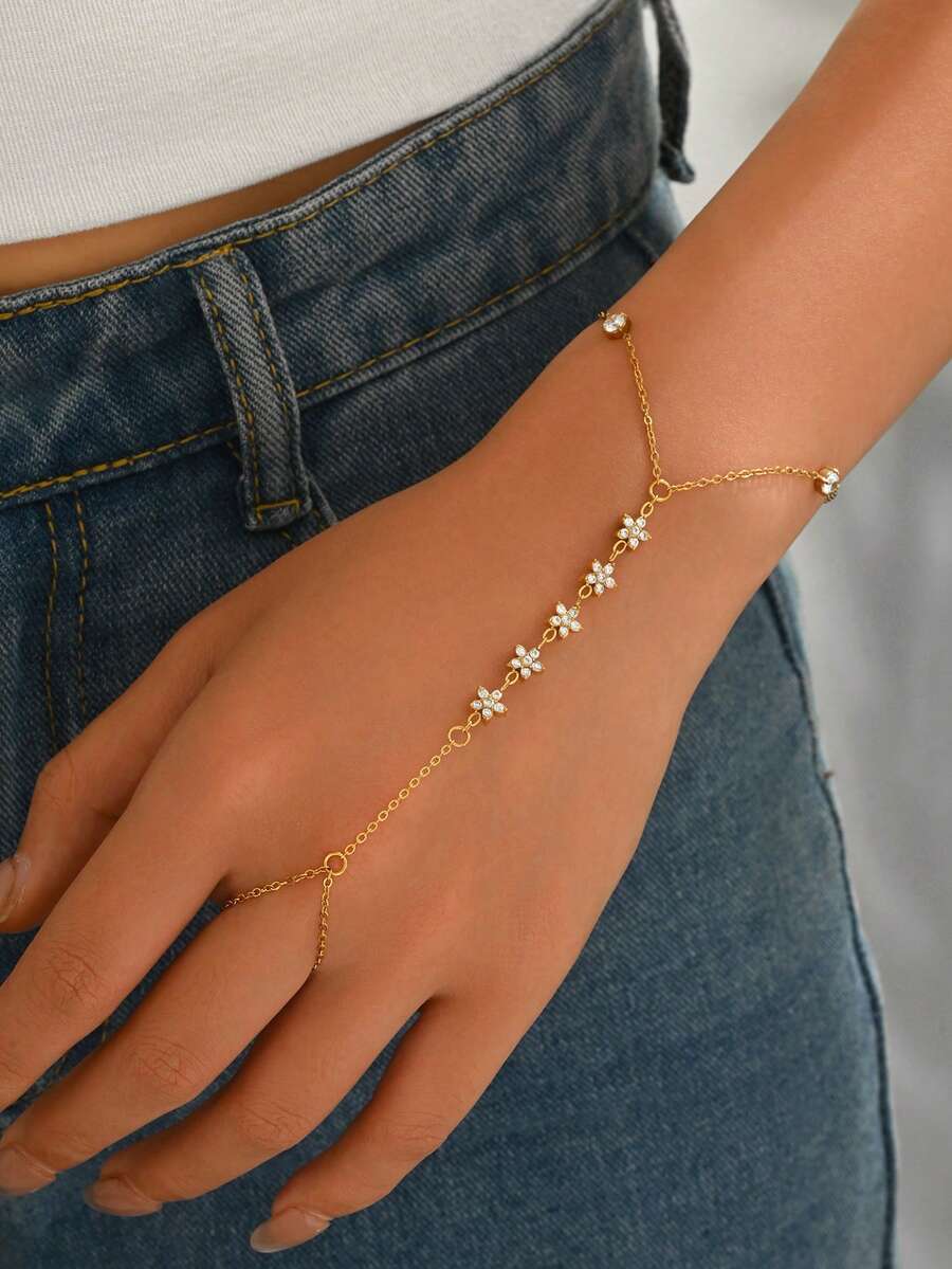 LIEBEIRIS 1pc 18K Gold Plated Zirconia Small Flower Stainless Steel Hand Chain Bracelet For Women, Suitable For Daily Wear And Gift Giving - Yellow Gold - View 1