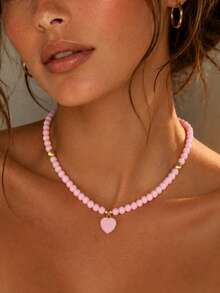 1pc Vintage Fashion Elegant Exquisite Heart Pendant Beaded Necklace Suitable For Women Daily Casual Outings Banquets Music Festivals Party Events Wear Holiday Gift (Bead Quantity Random, Heart Bead Position Random) - Pink - View 1