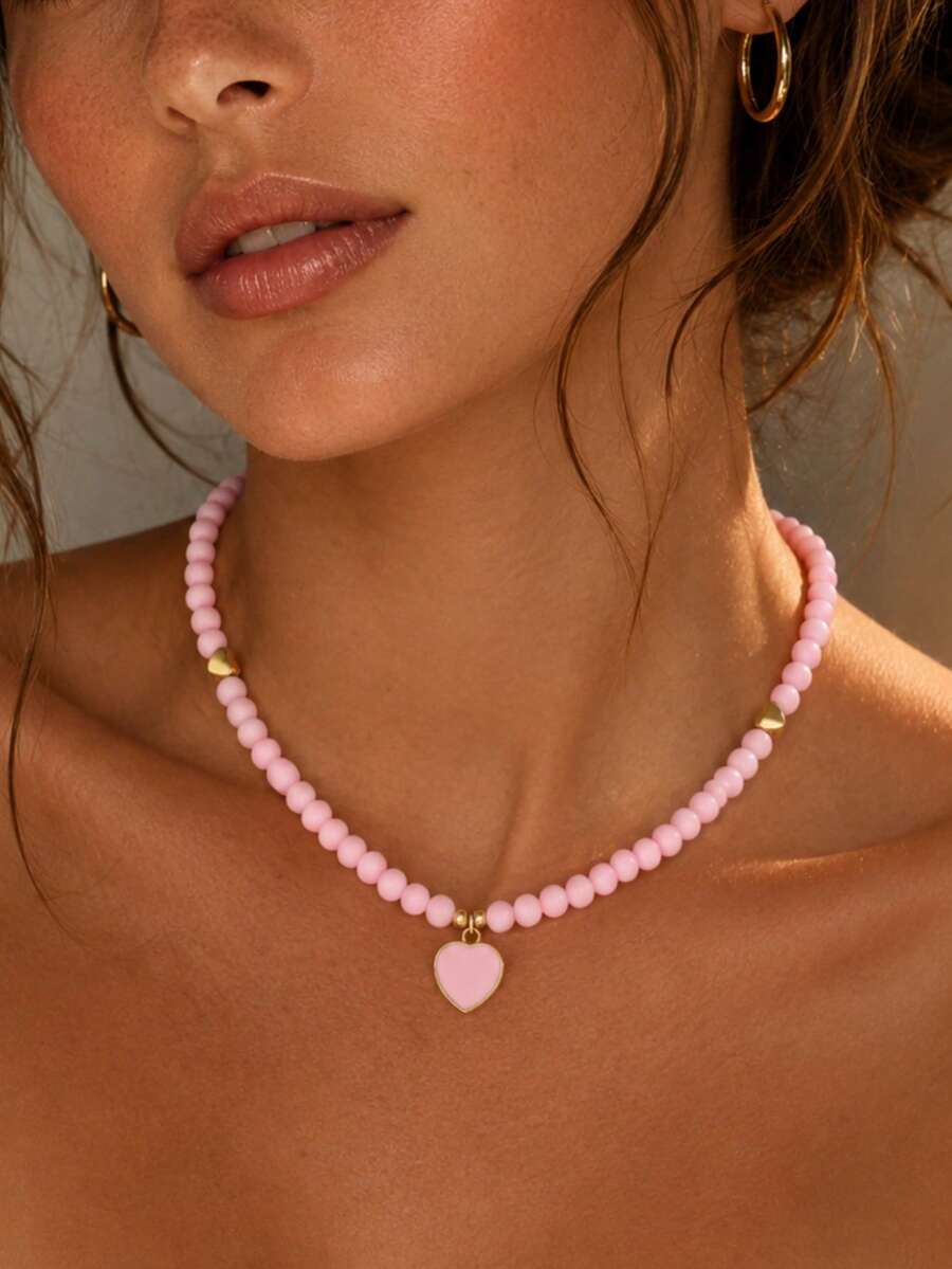 1pc Vintage Fashion Elegant Exquisite Heart Pendant Beaded Necklace Suitable For Women Daily Casual Outings Banquets Music Festivals Party Events Wear Holiday Gift (Bead Quantity Random, Heart Bead Position Random) - Pink - View 1