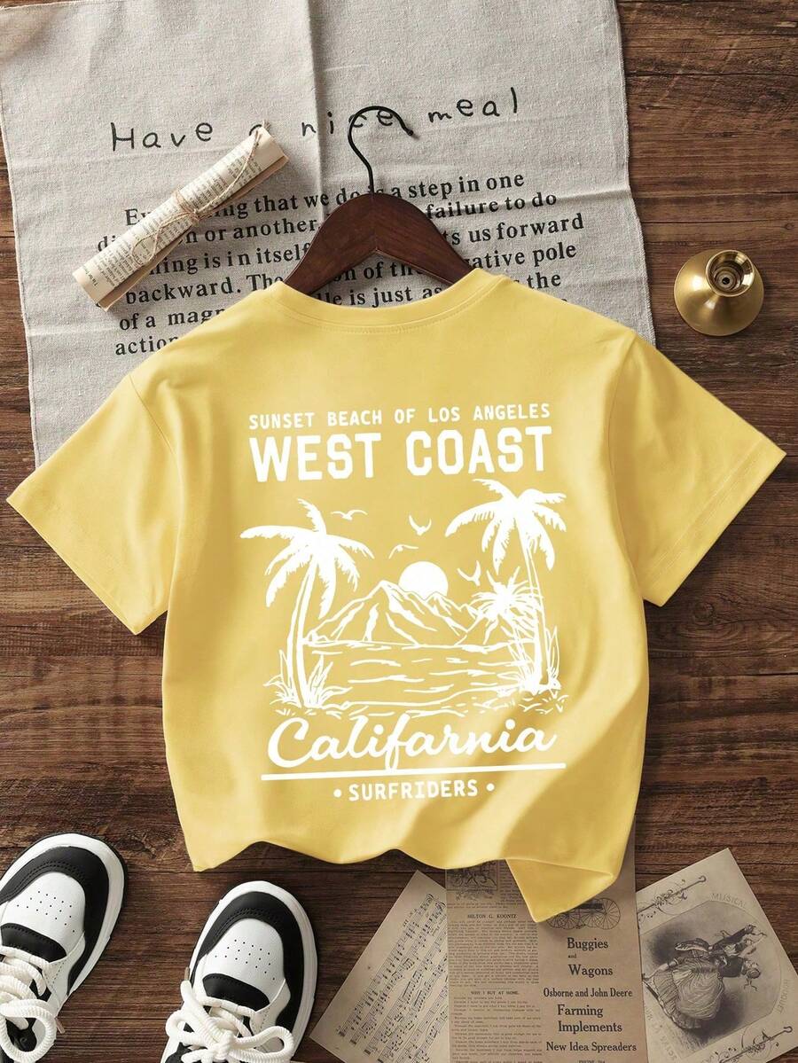 Simple Casual T-Shirt For Boys, Summer Beach Style With Mountain Sea And Tree Pattern, Round Neck, Short Sleeve, New Summer Short Sleeve Top For Young Children - 黃色 - 查看 1