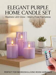 3pcs Transparent Pink Flameless LED Candles (With Remote Control And Timer Function) - Realistic Flickering Warm Light, Smokeless Battery Powered, Home Decor, Wedding Decor, Garden, Holiday Party - Purple - View 3
