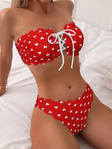 New 2026 Model: Women's Multicolor Ruffled Bikini Swimsuit With Red Heart-Shaped Bow - Red Background With White Heart - View 2