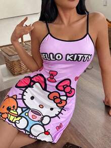 SANRIO 1件 Hello Kitty 粉色休闲可爱舒适简约吊带裙（女款） - 淡紫色 - 查看 4