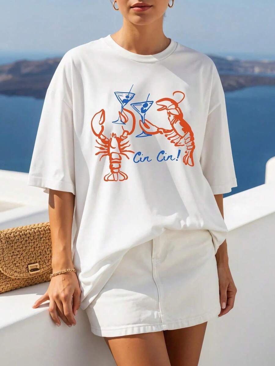 Cin Cin Lobster And Cocktail Print T-Shirt, Women's Soft Cotton Fun T-Shirt, Oversized Short Sleeve Top, Casual Fashion For Summer Vacation - White - View 1