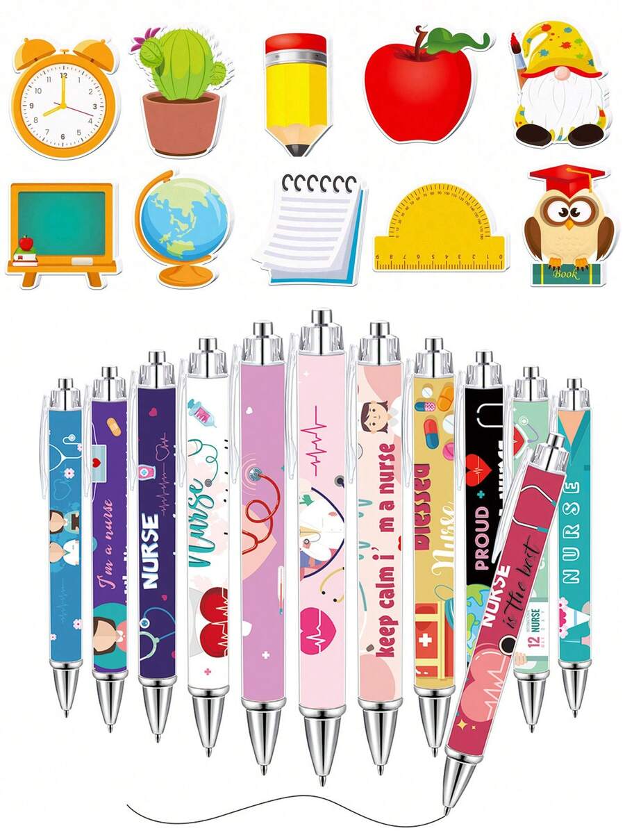12/6/1 Set - Bolígrafos Retráctiles con Estampado Lindo + Notas Adhesivas de Dibujos Animados (20 Hojas), Regreso a la Escuela, Navidad, Día de San Valentín, Halloween, Regalo de Papelería para Maestro y Estudiante - Sacar papel - Ver 1