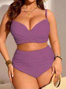 Swim Lushoire Conjunto de bikini tankini de talla de unicolor con recogido para la playa de verano - Rosa Fucsia - Ver 1