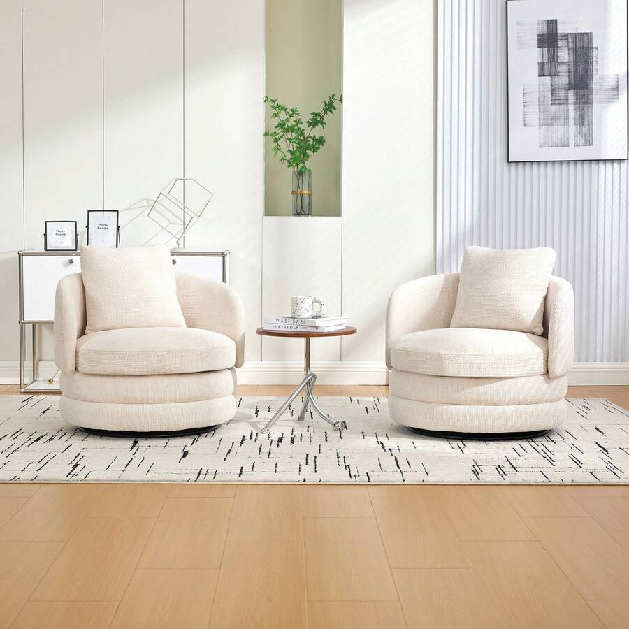 30" Living Room Rotating Decorative Chair(1PC), 360 ° Rotatable Bucket Shaped Sofa Chair, Chenille Armchair,Extra Super Soft Pillows As A Gift,Ergonomic Design,Suitable For Various Scenarios Such As Living Rooms, Bedrooms, Balconies, Etc - 米色-可旋轉裝飾椅+抱枕-雪尼爾 - 查看 1