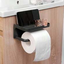 2pcs No-Drill Toilet Paper Holder With Phone Shelf, Wall-Mounted Bathroom Tissue Rack, Multifunctional Storage Shelf - Black - View 2