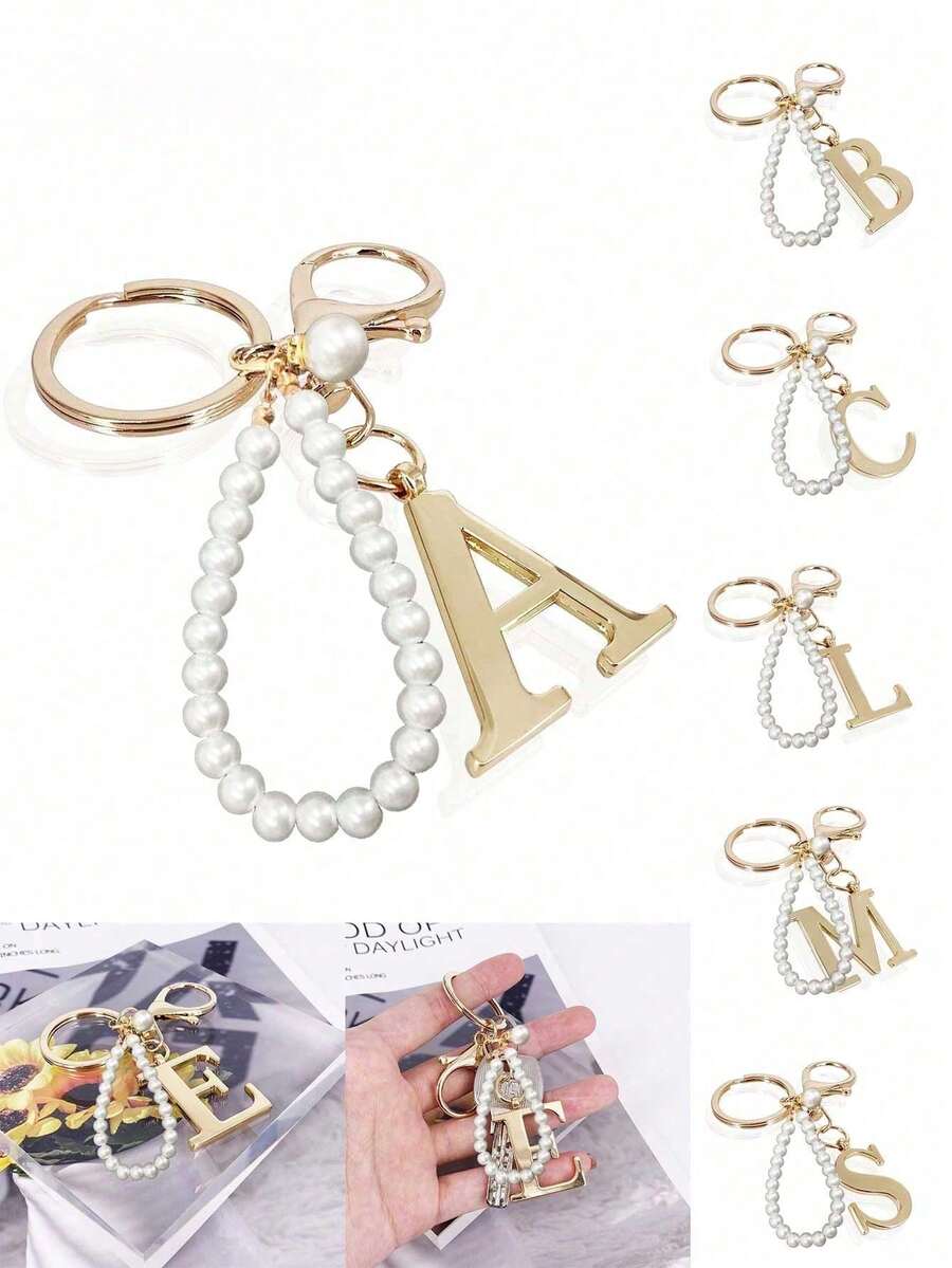 Premium Elegant Gold Pearl Letter Keychain, A-Z Alphabet 3D Pendant, Glamorous Pearl Chain With Rhinestones (Can Be Disassembled According To Personal Preference), Fashionable Alloy Keychain Ring, Earphone Pendant, Backpack Hanging Ornament, Car Keychain - Multicolor - View 1