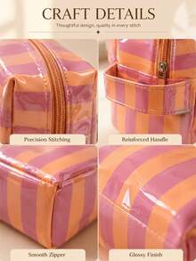 1/2pcs-Aesthetic Storage & Organization With Waterproof Shiny Finish Stylish Cosmetic Bag Striped Storage Bag For Fashionable Women And Travelers Large Capacity Striped Glossy Makeup Case Bathroom Vanity Bedroom Desk Organization Hold Palette Brushes - Multicolor - View 6