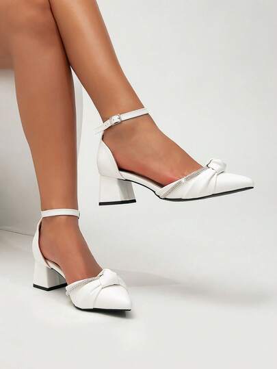 Women's Spring/Summer New Fashion Versatile Cute Bow Knot Minimalist Elegant Luxury Rhinestone Buckle Strap Nude Band Thick Heel Pointed Toe Shoes Romantic Elegant White PU Leather Closed Toe Closed Heel Hollow Thick High Heel Pumps Sandals Wedding Season Party Valentine's Elegant Outfit All Season