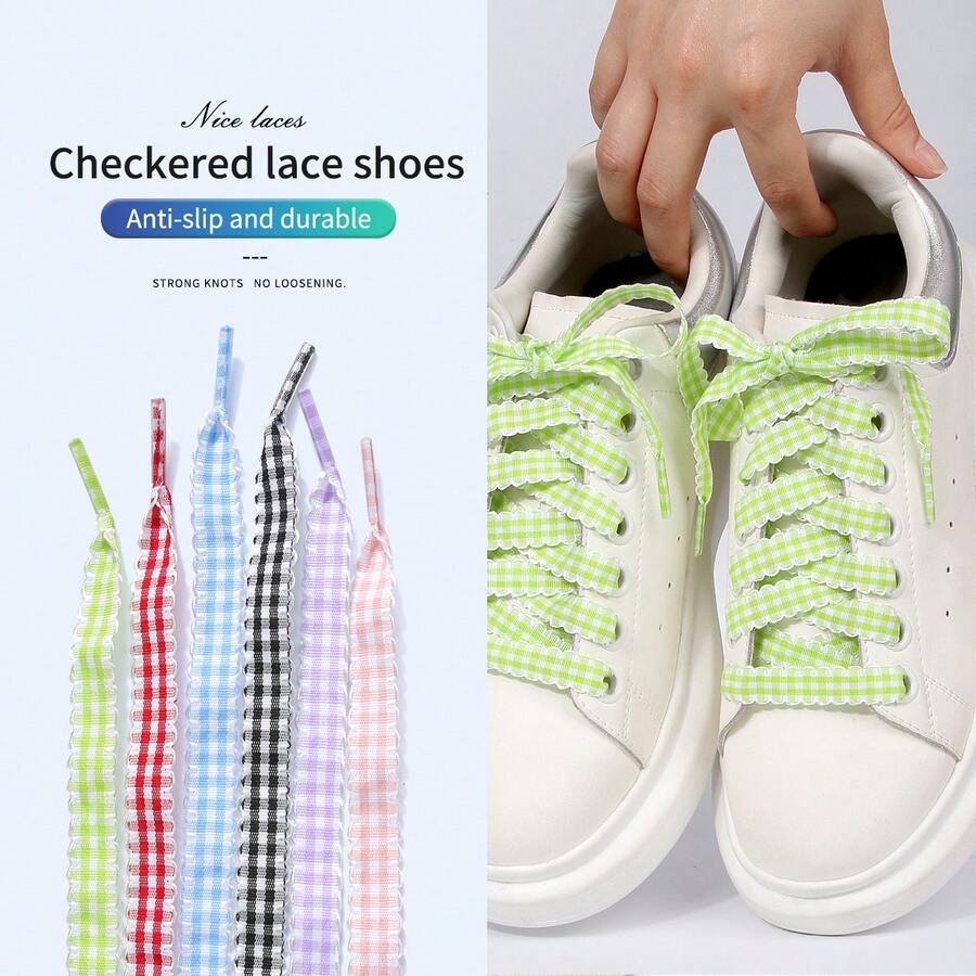 1 Pair Plaid Lace Shoelaces, 120cm/47.2in, Polyester Silk DIY Ballet Style, Fashion Versatile, Fresh & Sweet, Casual German Trainer Bow Flat Shoe Laces - Multicolor - View 1