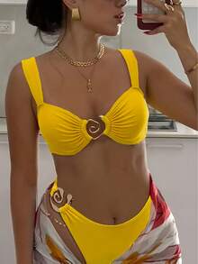 New 2026 Model: New Two-Piece Bikini With Metallic Accessory And Solid Color For Women, Beach Swimsuit With Opening - Dark Green - View 8