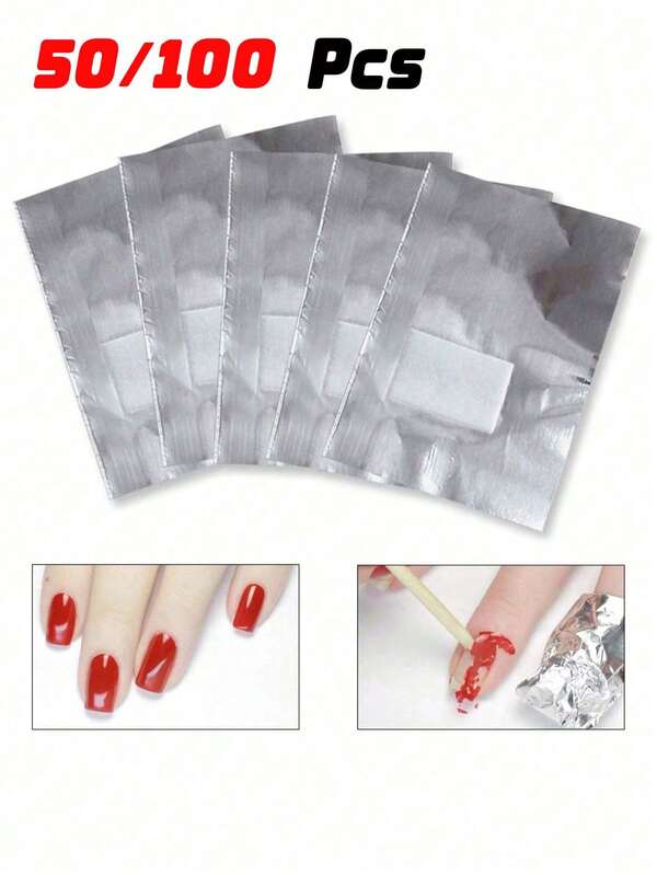 50/100pcs Aluminum Foil Nail Polish Remover Wraps With Pre-Attached Lint-Free Cotton Pads, Silver Disposable Soak Off Wraps For UV Gel/Acrylic/Dip Powder Nails, Salon-Quality Manicure & Pedicure Removal Tool