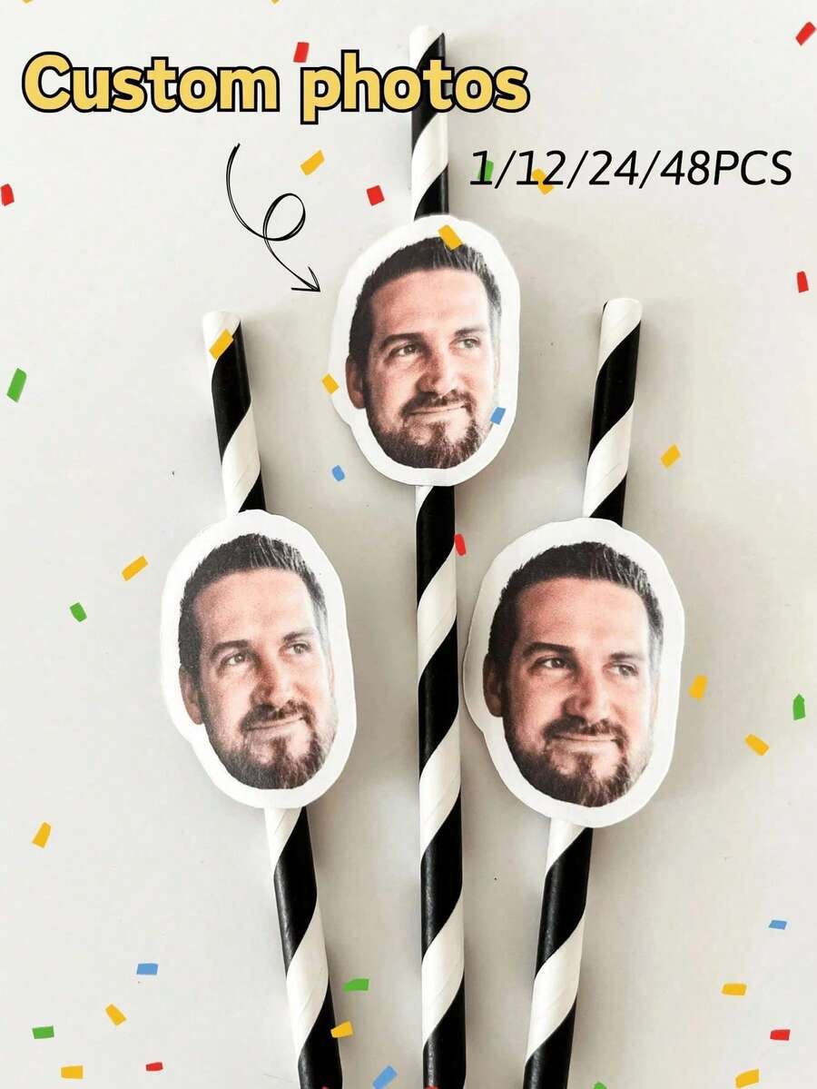 1/12/24/48PCS Personalized Face Straws, Custom Cut-Out Photo Faces, Customized Face Confetti, Face Photo Stickers With Straws And Fixings, Home Decor, Party Decoration, Personalized Custom Gift, Unique Gift - Multicolor - View 1