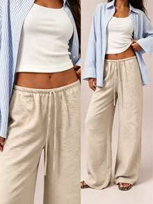 Spring/Summer Women's Loose Drawstring Waist Wide Leg Pants, Lightweight Breathable Casual Long Pants, Apricot, Vacation Wear - Apricot - View 7