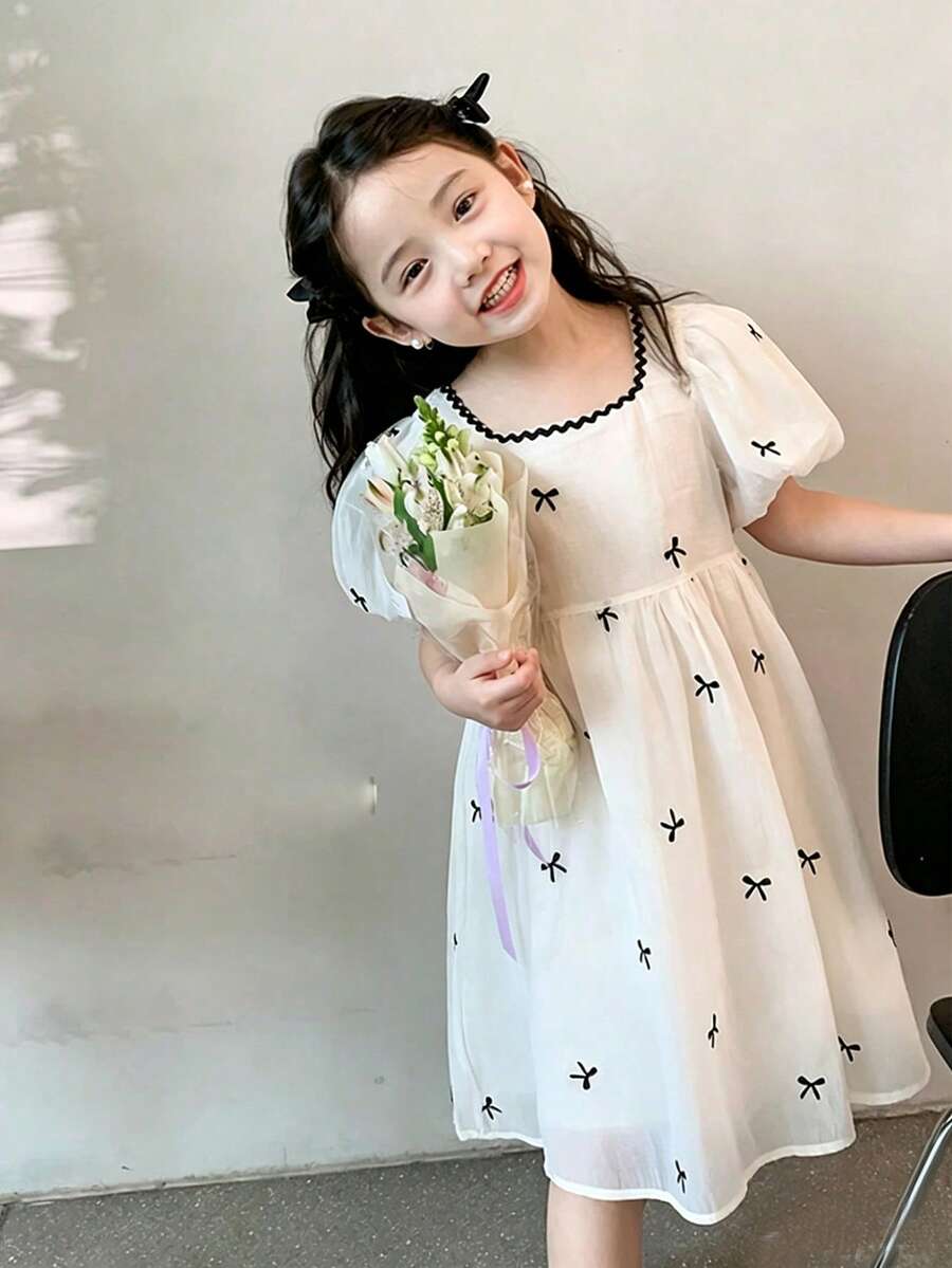女小童蝴蝶結圖案泡泡袖連衣裙 - 白色 - 查看 1