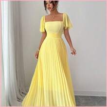 Vestido de línea A para mujer de color amarillo crema con cuello cuadrado y cintura ceñida, elegante y romántico - Burdeos - Ver 7