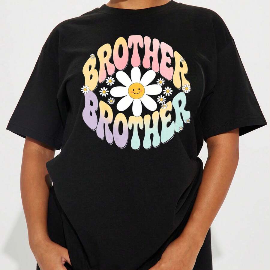 Camiseta de Mujer de Algodón Suave con Estampado de Margaritas, Corte Holgado, Diseño Divertido, Ropa Casual de Verano - Negro - Ver 1