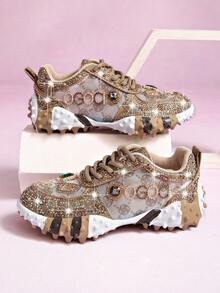 LiangJingJing Sepatu Sneakers Wanita Bertautan Rhinestone Berkilau dengan Sol Platform Empuk untuk Pemakaian Kasual Sehari-hari - Khaki - View 10