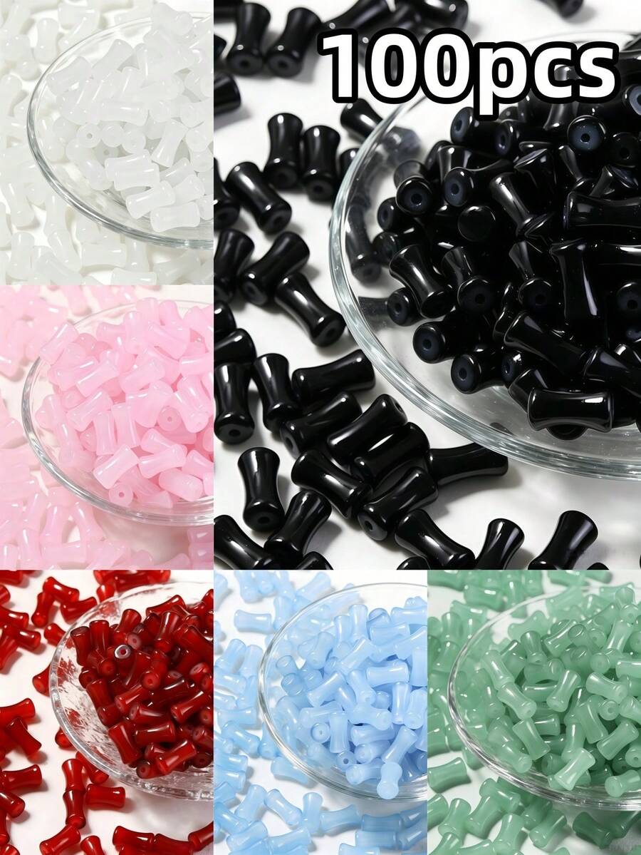 100pcs 6x12mm Bamboo Joint Shaped Glass Loose Beads - DIY Handmade Hair Sticks, Bracelets, Necklaces Accessories, Vintage Jewelry Craft Materials - Multicolor - View 1