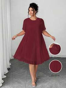 Vestido midi con cuello redondo, manga corta, de corte regular en gasa con pliegues para mujer talla grande, color rosa claro, para primavera/verano - Burdeos - Ver 1