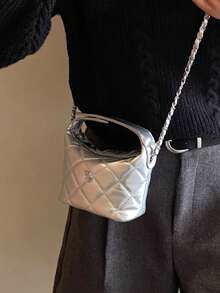 Fashion Quilted Solid Color Commuter Chain Shoulder Bag Handbag Crossbody Bag - Silver - View 6