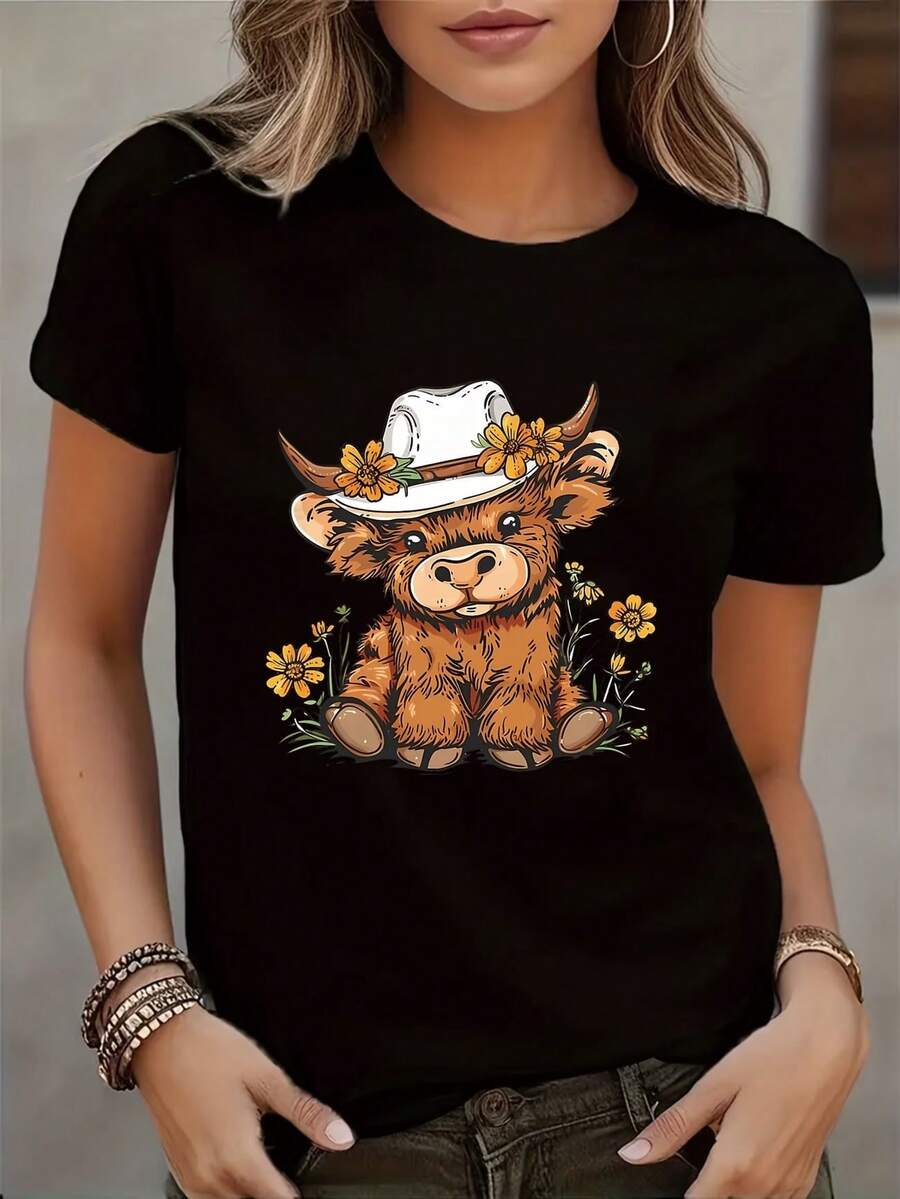 Women's 100% Cotton Highland Cow Print T-Shirt - Casual Short Sleeve, Crew Neck, Stretch Fabric, Brown And White Design With Floral Details, Perfect For Outfits - 黑色 - 查看 1