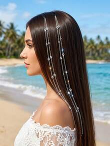 1 buah Rantai Rambut Kepang Rumbai Panjang Berhiaskan Berlian Imitasi dengan Jepit Rambut Tak Terlihat, Hiasan Kepala Rambut Panjang Gaya Liburan Pantai, Jepit Rambut Menarik Perhatian untuk Wanita di Pesta Rave Festival Musik, Rantai Kepala - Perak - View 5