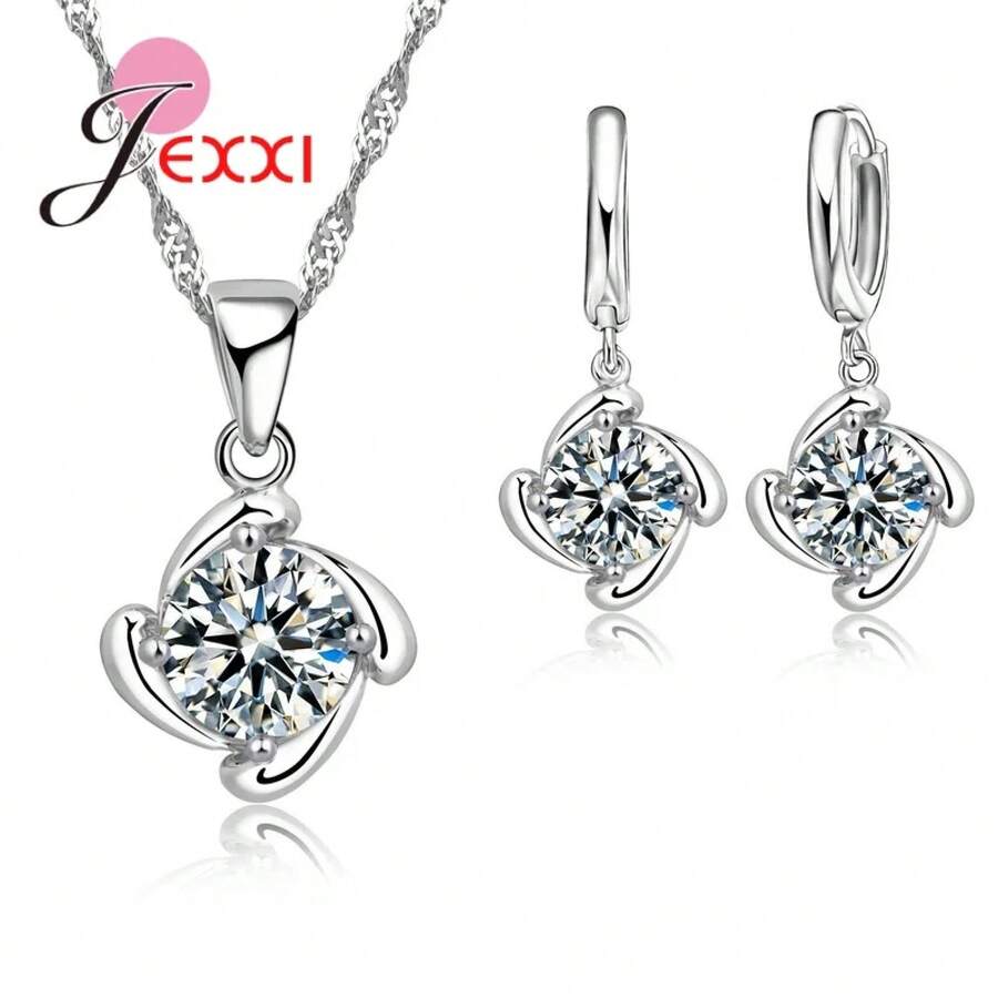 925 Sterling Silver Plating Necklace And Earring Set With Cubic Zirconia, Cross, Heart And Butterfly Design, Fashion Jewelry For Women. - 33001 - 查看 1