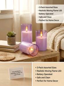 3pcs Transparent Pink Flameless LED Candles (With Remote Control And Timer Function) - Realistic Flickering Warm Light, Smokeless Battery Powered, Home Decor, Wedding Decor, Garden, Holiday Party - Purple - View 5