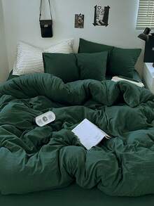 Blue And White Color Block Washed Polyester Fiber Skin-Friendly 3 PiecesDuvet Cover Set - Dark Green - View 7