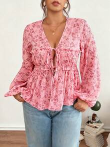 2025 Top Bohemio Floral con Cuello en V, Manga Larga, Cintura Elástica Fruncida y Falda Casual en Línea A - Blanco - Ver 7