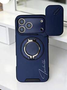 個性化刻名奢華磁吸環支架手機殼,附滑動相機蓋,適用於 iPhone 17 Pro Max 17 Pro 17 16 15 14 13 12 11 Pro Max 16 15 Plus,隱私防護、支援無線充電、防震背蓋 - 藍色 - 查看 3