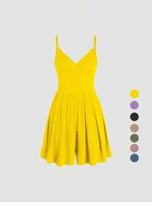 TIN corto tipo cami cruzado sin espalda para mujer, mono casual con tirantes finos ajustables y pierna ancha, atuendos de verano 2024, ropa para mujer para uso diario - Negro - Ver 9