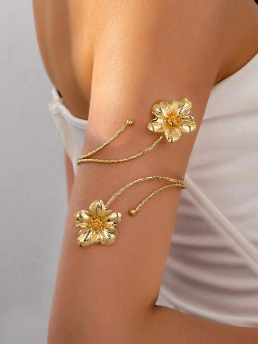 1pc European & Punk Style Exaggerated Alloy Metal Multi-Color Enamel Floral Bracelet - Gold - View 1