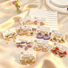 16 Pairs Gold-Plated Stainless Steel Heart-Shaped Enamel Earrings - Suitable For Women's Workplace Accessories - Multicolor - View 3