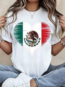 Camiseta de Pareja con Estampado de Corazón y Bandera Mexicana, Unisex, Manga Corta, Estilo Casual de Verano, Conjunto Conmemorativo para Padres e Hijos, Regalo para el Día de San Valentín - Banco - Ver 1