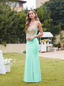 MisShow Elegant Sleeveless Round Neck Maxi Bodycon Dress With Contrast Sequin & Embroidery For Formal Events And Prom - 薄荷綠 - 查看 4