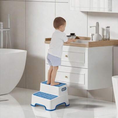 2-Pack Blue Toddler 2 Step Stool, Heavy Duty Stepping Stool For Bathroom Sink, Kitchen Sink & Toilet Potty Training (White-Blue)