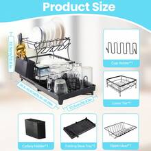 Piorlado 2 Tier Dish Drainer Rack - Dish Rack With Utensil Holder For Kitchen Counter, Large Capacity Space-Saving Dish Drying Rack With Draining Board, Extendable, Black - Black - View 2