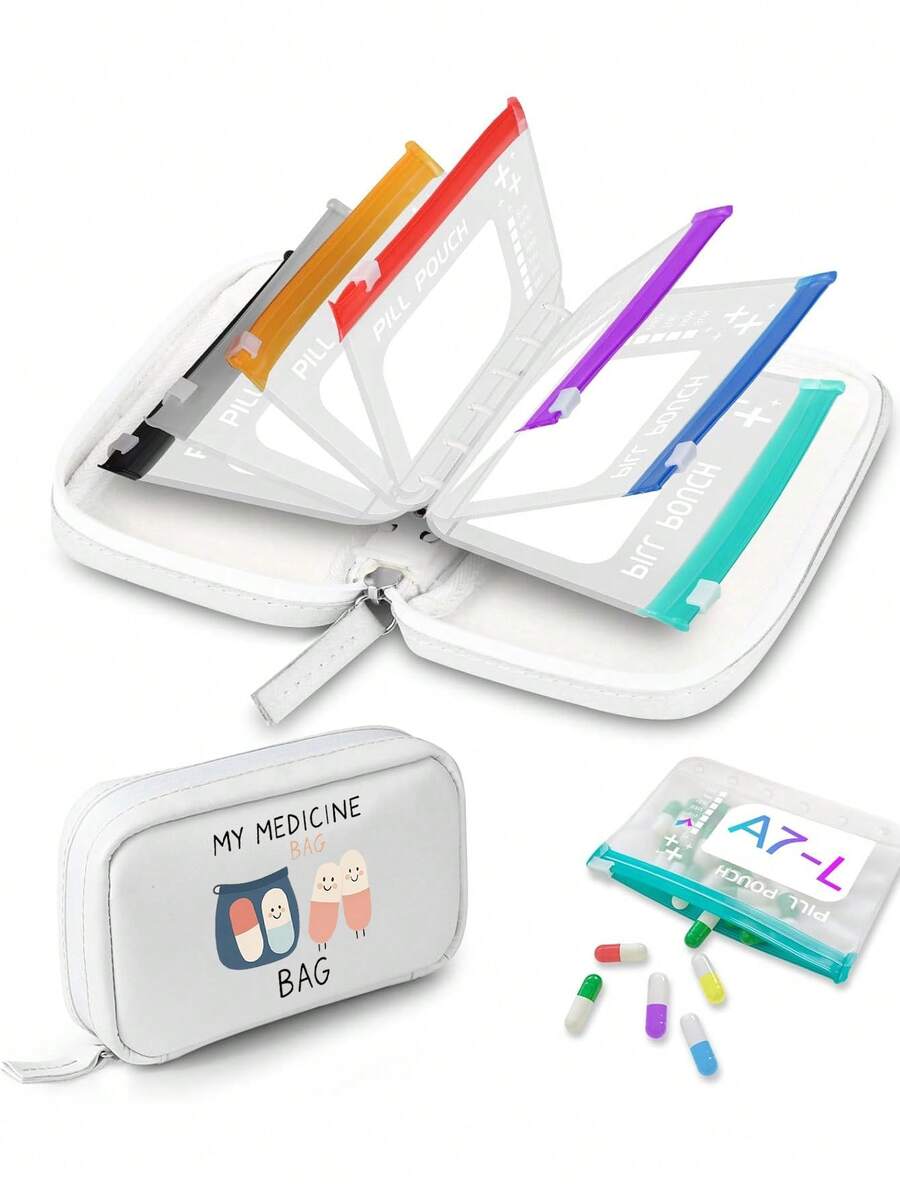 A8 Waterproof Pill Box Set, 2 Times A Day Large Capacity 7-Day Pill Organizer, With 7 Color-Coded Storage Bags, Reusable Travel Pill Box - Multicolor - View 1