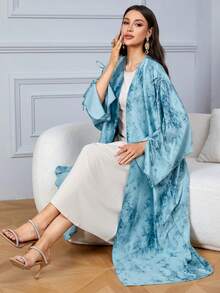 一件优雅系带休闲开衩袖口精致扎染印花长袍，阿拉伯迪拜时尚沙特开衫长袍披肩度假款 - 薄荷綠 - 查看 1