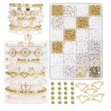 1000 peças Kit DIY para fazer pulseiras de pérolas falsas, inclui pingentes de margarida, contas de letras douradas de acrílico, pingentes de liga metálica, contas douradas em forma de coração, material para fazer joias femininas em estilo pastoral - Tamanho único. - View 6